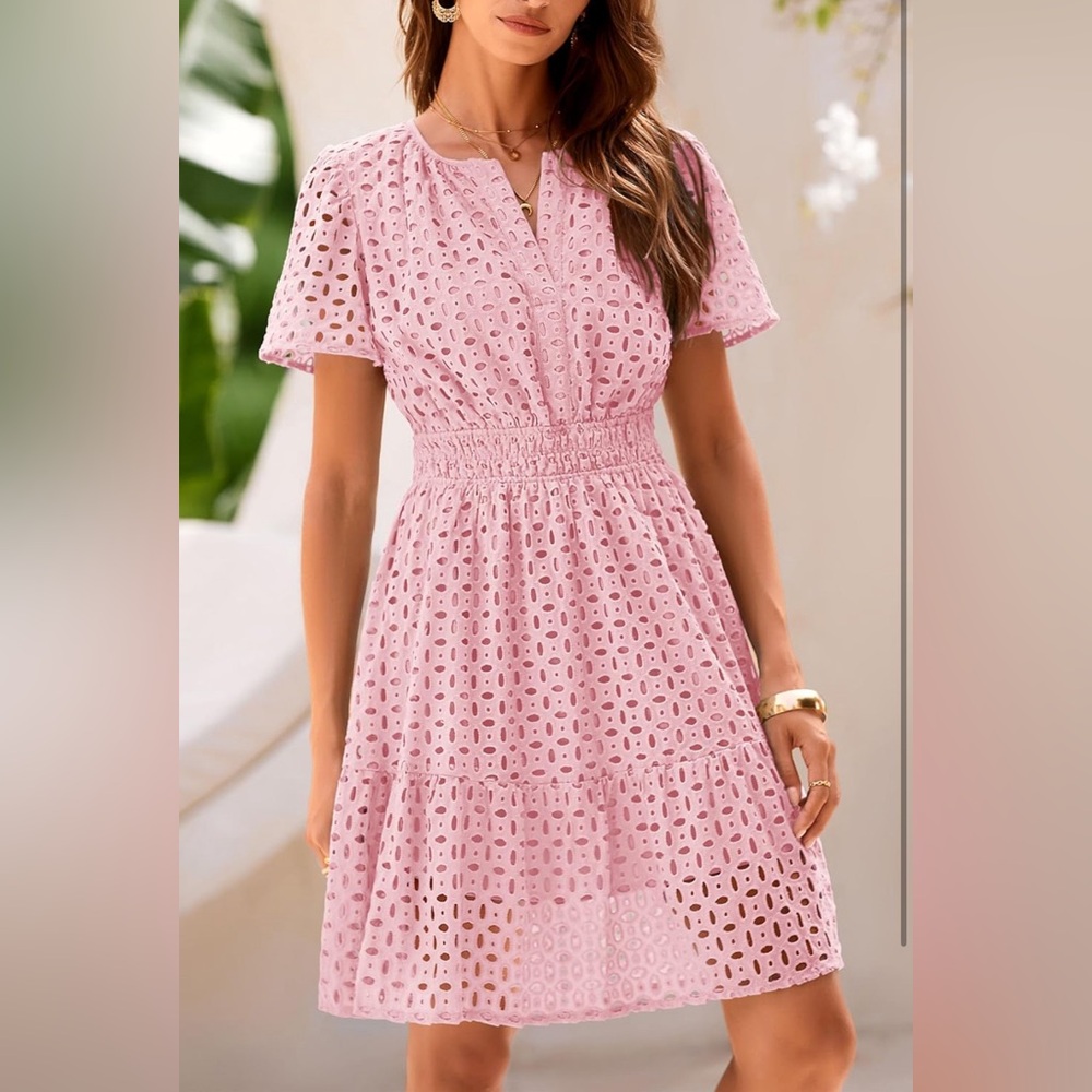 PRETTYGARDEN Short Dress V Neck Short Sleeve A Line Hollow Out Lace Ruffle Dress - Picture 4 of 14